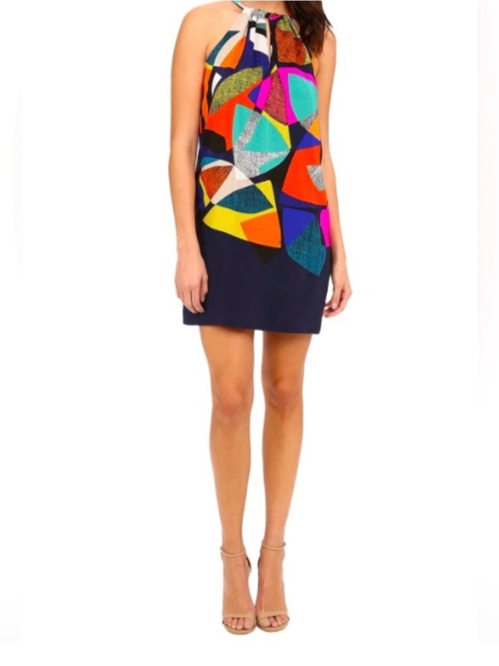 Trina Turk 100% Silk Geometric Print Halter Shift Dress Size 6 Wedding  Guest